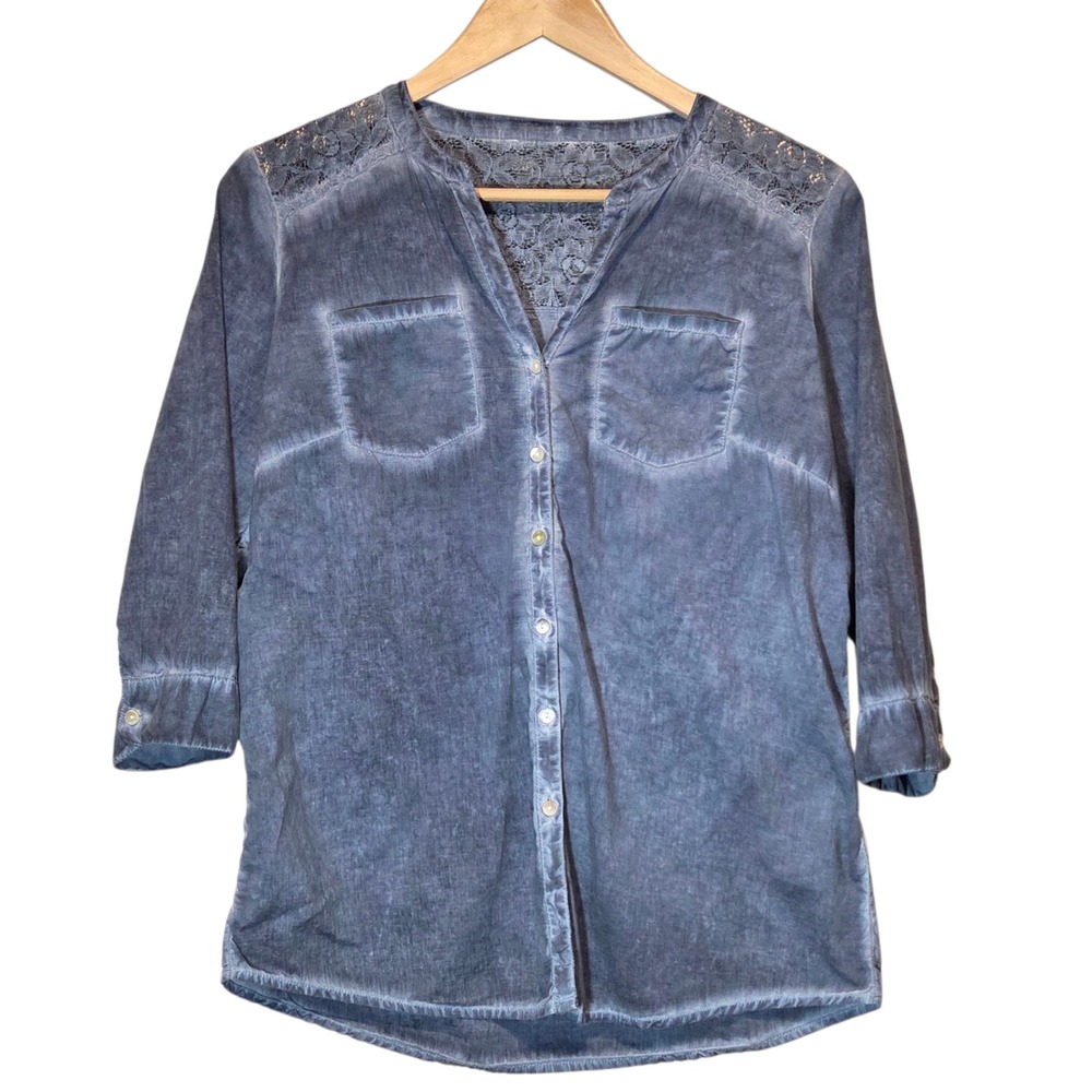 Tom Tailor Top Blue Washed Cotton Lace‎ Size M Boho Coastal Cowgirl Lightweight